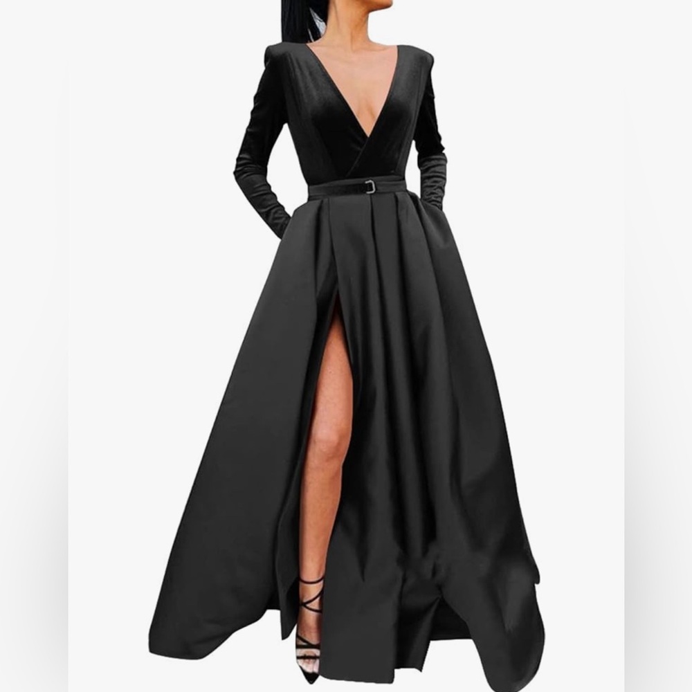 Long Sleeve Velvet Satin V Neck Formal Dress High Split Evening Gown Poc…